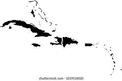 Vector map of Caribbean Sea. Black mask. Isolated, white background. 