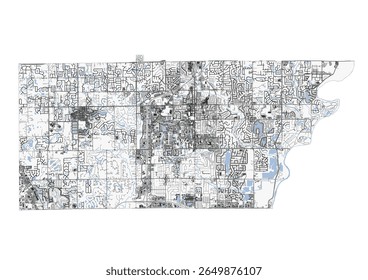 Vector map of Carmel, IN. Shows the city's highways, buildings, and waterways in detail, providing a comprehensive overview of its urban and natural features.
