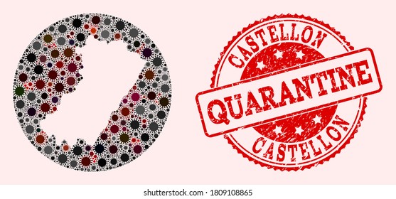 Vector map of Castellon Province collage of flu virus and red grunge quarantine stamp. Infection cells attack the lockdown territory from outside.