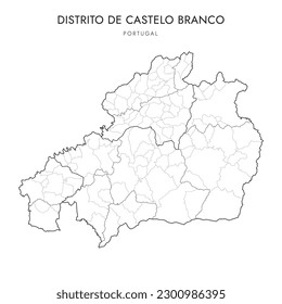 Karte des Bezirks Castelo Branco (Distrikt Castelo Branco) mit Verwaltungsgrenzen der Subregionen, Gemeinden (Concelhos) und Gemeindegemeinden (Freguesias) ab 2023 - Portugal