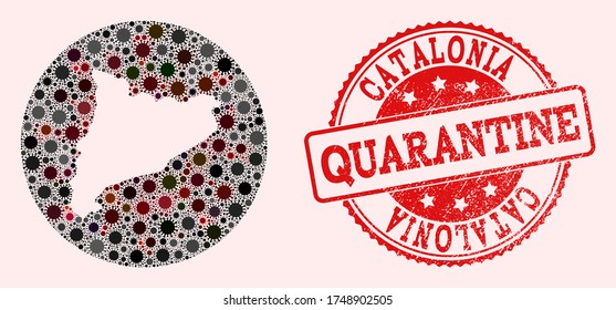 Vector map of Catalonia collage of coronavirus and red grunge quarantine seal stamp. Infection cells attack the quarantine territory from out space.