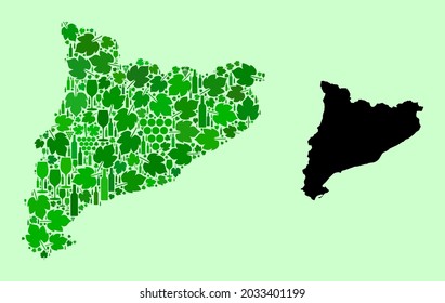 Vector Map of Catalonia. Collage of green grape leaves, wine bottles. Map of Catalonia collage composed from bottles, grapes, green leaves. Abstract collage is designed for patriotic collages.