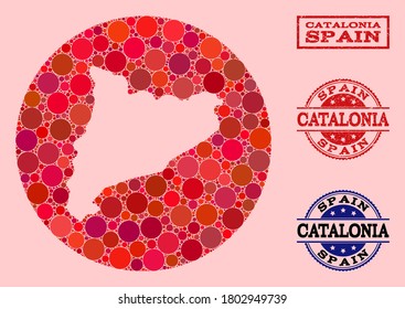 Vector map of Catalonia collage of round elements and red grunge stamp. Stencil round map of Catalonia collage formed with circles in various sizes, and red color tinges.