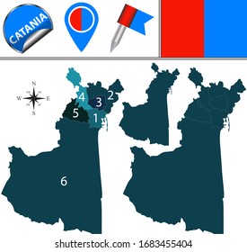 Vector map of Catania, Italy with named subdivisions and travel icons