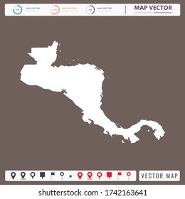 Vector map of Central America Brown background and pins icon.