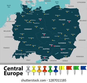 Vector map of Central Europe with countries, big cities and icons