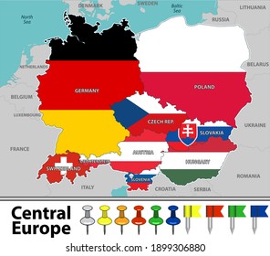 Vector map of Central Europe with flags and neighbouring countries
