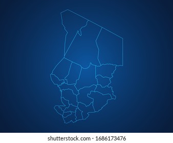 Vector map of Chad abstract blue line scales on dark background.