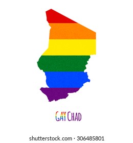 Vector map of Chad in LGBT (lesbian, gay, bisexual, and transgender) flag colors and GAY Chad caption on white background. Rainbow flag with denim textile texture.