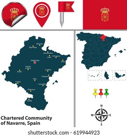 Vector map of chartered community of Navarre with flags and icons