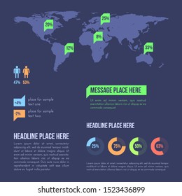 vector map and charts layout business process data visualization infographic icon elements marketing collection template bundle dark background
