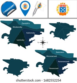 Mapa vectorial de Cheboksary, Rusia, con distritos nombrados. Hay una variación del mapa donde los distritos se firman en el idioma original ruso