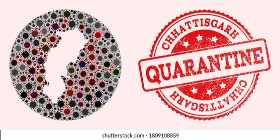 Vector map of Chhattisgarh State collage of covid-2019 virus and red grunge quarantine seal stamp. Infection cells attack the quarantine territory from outside.