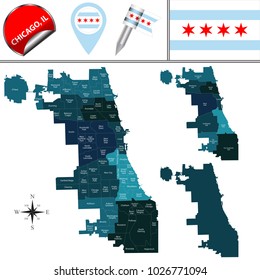 Vector map of Chicago with named community areas and travel icons