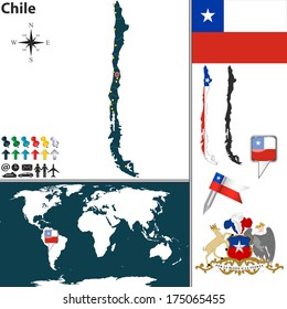 Vector map of Chile with regions, coat of arms and location on world map