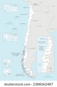 Vector map of Chile with regions and territories and administrative divisions, and neighbouring countries and territories. Editable and clearly labeled layers.