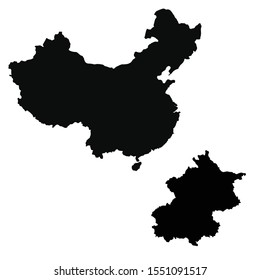 Vector map China and Beijing. Country and capital. Isolated vector Illustration. Black on White background. EPS 10 Illustration.