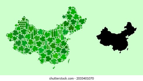 Vector Map of China. Composition of green grapes, wine bottles. Map of China mosaic created from bottles, grapes, green leaves. Abstract mosaic is useful for bars proclamations.