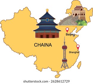Vector map of China highlighting Beijing and Shanghai landmarks. Simplified design with warm colors and clear labels