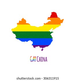Vector map of China in LGBT (lesbian, gay, bisexual, and transgender) flag colors and GAY China caption on white background. Rainbow flag with denim textile texture.
