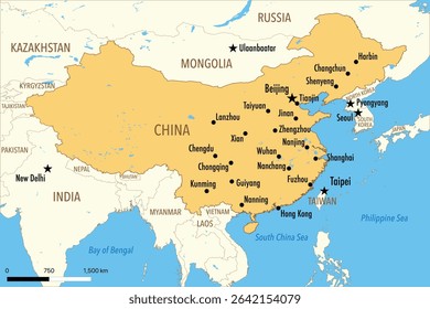 Vector Map of China with Major Cities and Neighboring Countries – Editable Illustration