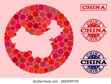 Vector map of China mosaic of round dots and red grunge seal. Stencil round map of China collage composed with circles in different sizes, and red color tints.
