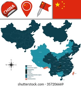 Vector map of China with named divisions and travel icons