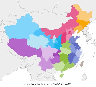 vector map of China provinces colored by regions with neighbouring countries and territories