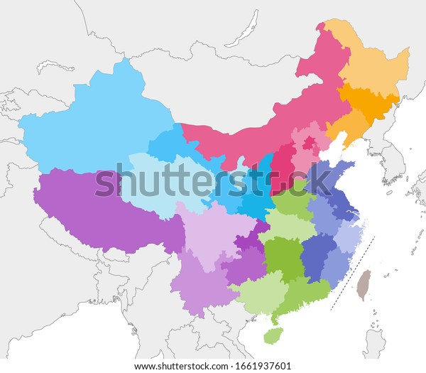 vector map of China provinces\
colored by regions with neighbouring countries and\
territories