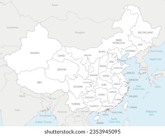 Vector map of China with provinces, regions and administrative divisions, and neighbouring countries. Editable and clearly labeled layers.