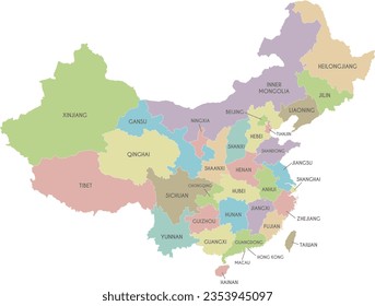 Vector map of China with provinces, regions and administrative divisions. Editable and clearly labeled layers.