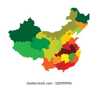 Vector map of China with regional borders isolated on white background. Colorful illustration.