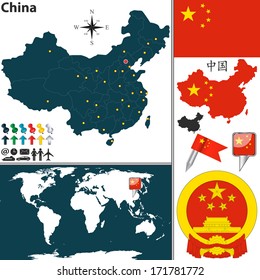 Vector map of China with regions, coat of arms and location on world map