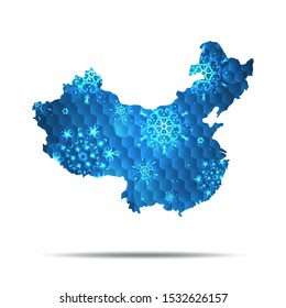 Vector map of China with snowflakes. Winter illustration for your design