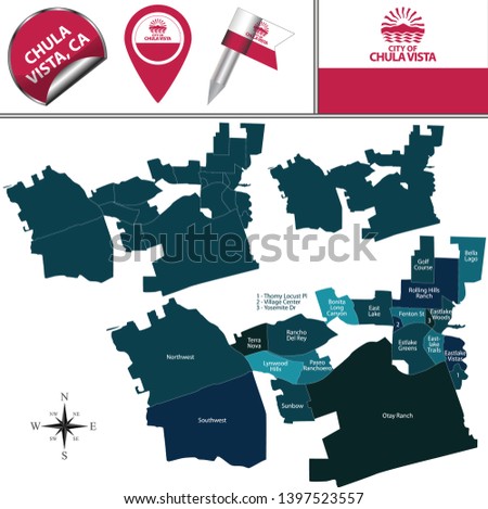 Vector map of Chula Vista, California  of the United States with named districts and travel icons