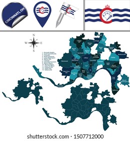 Vector map of Cincinnati, Ohio of the United States with named districts and travel icons