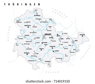 Vector map with cities of Thuringia, one of the states of Federal Republic of Germany, in german language.