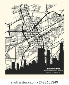 vector map of the city of Birmingham, Alabama, United States. Black and white for home walls and posters