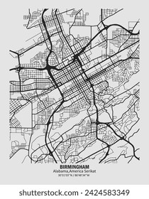 Mapa vectorial de la ciudad de Birmingham, Alabama, Estados Unidos. Blanco y negro para paredes de casa y carteles