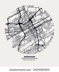 Vektorkarte der Stadt Birmingham, Alabama, Vereinigte Staaten. Schwarz-Weiß für Hauswände und Poster