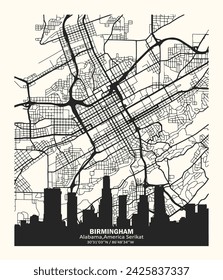 Mapa vectorial de la ciudad de Birmingham, Alabama, Estados Unidos. Blanco y negro para paredes de casa y carteles