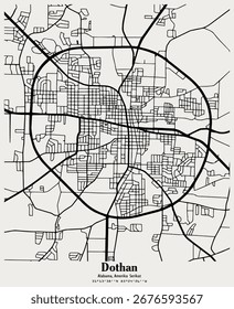 Mapa vetorial da cidade de Dothan, Alabama, Estados Unidos. Preto e branco para parede e cartaz de casa
