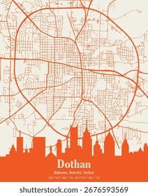 Mapa de Vector de la ciudad de Dothan, Alabama, Estados Unidos. Blanco y negro para la pared y el cartel del hogar