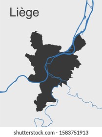 Vector map of city Liege (Belgium) and river Meuse — dark grey administrative territoty on light background