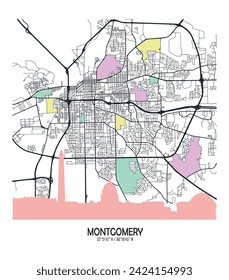 Vektorplan der Stadt, Montgomery, Alabama, Bundesstaat der Vereinigten Staaten für die Innenwände und Plakate
