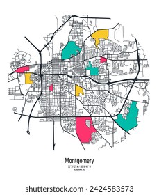 Mapa vectorial de la ciudad, Montgomery, Alabama, estado de los Estados Unidos para paredes y carteles