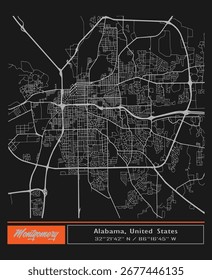 Mapa de Vector de la ciudad, Montgomery, Alabama, estado de los Estados Unidos para paredes de casa y carteles	
