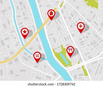 Vector map of city street with pins location. Graphic geotag of gps navigation in town background. Simple abstract map with geo arrows for direction in travel. Downtown with river and marker.