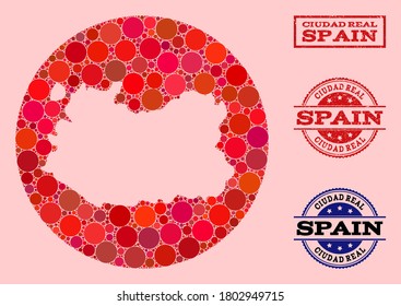 Vector map of Ciudad Real Province collage of circle items and red scratched stamp. Hole circle map of Ciudad Real Province collage designed with circles in various sizes, and red color hues.