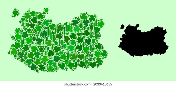 Vector Map of Ciudad Real Province. Mosaic of green grape leaves, wine bottles. Map of Ciudad Real Province mosaic formed with bottles, berries, green leaves.